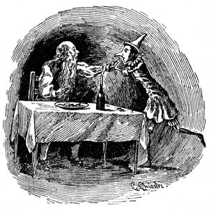 Illustration af Pinocchio af Carlo Chiostri (1863-1939), en af de første italienske illustratorer af Collodis værk. Trædukken finder sin far Gepetto i maven på den haj, der slugte dem.