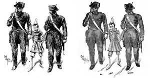 Pinocchio af Carlo Chiostri (1863-1939), en af de første italienske illustratorer af Collodis (Carlo Lorenzini) værk. To gendarmer tager trædukken. Billedet til venstre er Chiostris originaltegning, det til højre er graveringscarri