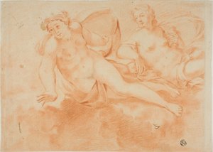 To skybårne nøgne kvindefigurer (recto); fragment af liggende figur (verso) af Carlo Cignani