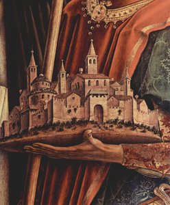 Altartriptykon, højre panel: Sankt Peter Martyr og Sankt Venetianus af Camerino, detalje: model af byen Camerino i hænderne på byhelgenen Venetianus af Carlo Crivelli