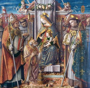 Tysk: Tronende Madonna med barnet, overrækkelsen af nøglerne til apostlen Sankt Peter og med Sankt Johannes Capistranus, Sankt Emidius, Sankt Frans, Sankt Ludvig af Toulouse, den salige Giacomo della Marca og en biskop Tronende Madonna med barnet, overrækk af Carlo Crivelli