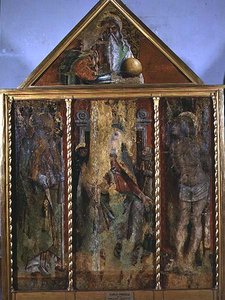 Madonna og barn med helgener, den første triptykon i dalen Castellano (tempera på panel) af Carlo Crivelli