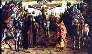 Korsfæstelsen, midterste venstrehånds predella-panel fra San Silvestro polyptykon af Carlo Crivelli