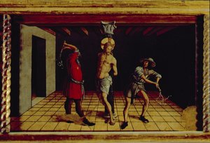 The Flagellation of Christ, centralt højre predella-panel fra San Silvestro polyptykon, 1468 (tempera på panel) (se 76657) af Carlo Crivelli