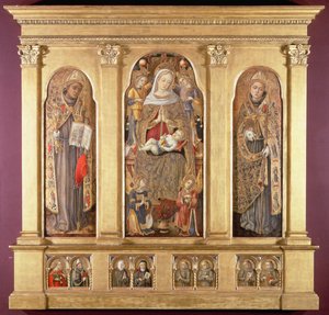 Jomfru og barn med de hellige Bonaventura og Ludvig af Toulouse, ca. 1489 (tempera med guld- og olieglasurer på panel) af Carlo Crivelli