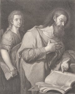 Saint Matthew, stående foran en bog til højre med en hånd på brystet, en anden mand være..., 1750-84 af Carlo Faucci
