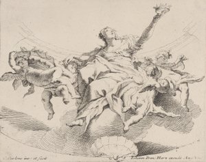Magt, repræsenteret af en kvinde siddende på skyer med en krone og omgivet af putti,..., 1725-75.