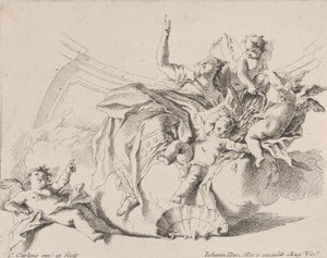 Rigdom, repræsenteret af en kvinde siddende på skyer og omgivet af putti, hvoraf den ene er..., 1725-75.