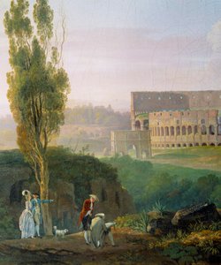 Gruppe af karakterer, mand tegner foran ruinerne af Colisee. Maleri af Carlo Labruzzi (1765-1818)