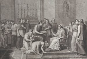 En kvinde knæler for at kysse foden af pave Pius VII, med en menneskemængde bag hende til venstre, 1814-50