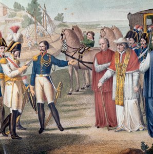Pave Pius VII (Pio) (1742-1823) blev arresteret ved sin tilbagevenden til Italien af den østrig-neapolitanske hær nær Parma den 25. marts 1814 - Indgravering af Carlo Lasinio (1759-1838) - Farvelitografi (Anholdelsen af pave Pius VII (1742-1823) ved sin ti