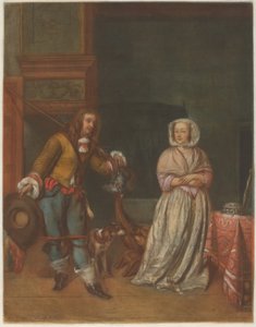 Jæger på besøg hos en dame af Carlo Lasinio after Gabriel Metsu