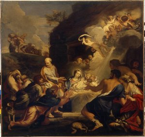 Tilbedelsen af ​​Kristusbarnet. Den hellige familie præsenterer den nyfødte for hyrderne under en sky af lys og engle. Maleri af Carlo Maratta (1625-1713), olie på lærred. Talian kunst (Rom)