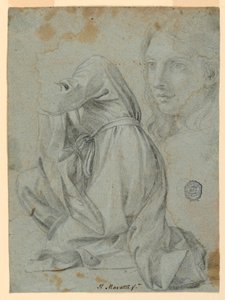 Tegning, studier: Klædet af en knælende kvinde. Hovedet af en ung kvinde, 1650-1675