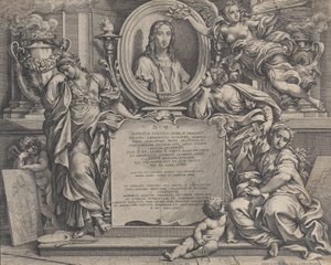 Frontispice med ovalt portræt af Raphael, med tre allegoriske figurer af kunsten sup..., 1675.