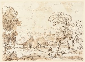 Tegning, En bondebolig og et slot i et bjergrigt landskab, 1762-1786 af Carlo Marchionni
