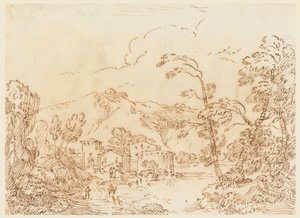 Tegning, En landsby ved en bæk i et bjergrigt land, 1770-86 af Carlo Marchionni