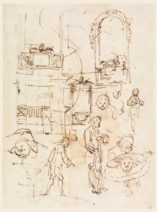 Tegning, arkitektoniske og figurative skitser, ca. 1760 af Carlo Marchionni