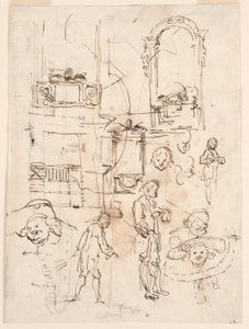 Tegning, arkitektoniske og figurative skitser, ca. 1760 af Carlo Marchionni