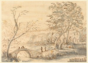 Tegning, Landskab med bro, 1770-1786 af Carlo Marchionni
