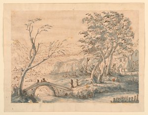 Tegning, Landskab med bro, 1770-1786 af Carlo Marchionni