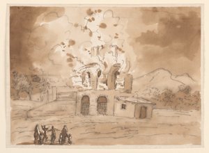 Tegning, Landskab med et brændende tårn, ca. 1780 af Carlo Marchionni