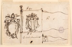 Tegning, Tre skitser til en fane af pave Benedikt XIV, 1740-58 af Carlo Marchionni
