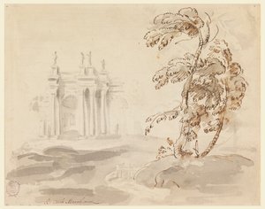 Tegning, Træ i landskab med bygning, 1756-78 af Carlo Marchionni