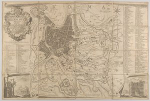 Plan over det antikke Rom med udsigt over Pantheon nederst til venstre og en triumfbue nedre rig..., 1748 af Carlo Nolli