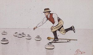Mand kaster en sten i et spil curling (farve litho) af Carlo Pellegrini