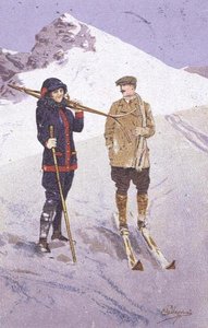 Skiløbere ved Adelboden (farve litho) af Carlo Pellegrini