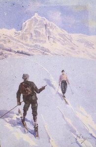 Skiløbere på Mt. Rose, Schweiz (farve litografi)