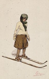 Kvinde på ski (farve litho) af Carlo Pellegrini