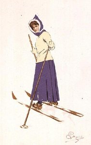 Kvinde tænder på ski (farve litho) af Carlo Pellegrini