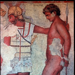 Etruskisk civilisation: "" repræsentation af ofringen af trojanske fanger til hyldest til Patroclus""" gengivelse af Carlo Ruspi (1786-1863) af freskoerne fra det 4. århundrede f.Kr. af Francois Grav af Vulci. Firenze, Arkæologisk Museum af Carlo Ruspi