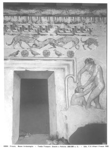 Marce Camitlnas og Cneve Tarchunies Rumach, rekonstruktion af det etruskiske vægmaleri i Francois-graven ved Vulci ca. 320-280 f.Kr. (vægmaleri) (se også 212368, 214590, 214591) af Carlo Ruspi
