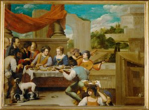 Lazarus og den rige sparsommelige ... (maleri på lærred) af Carlo Saraceni