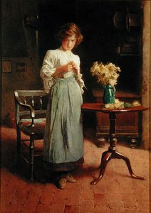 Pige i et sommerhus ved et bord og en stol (akvarel på papir) af Carlton Alfred Smith