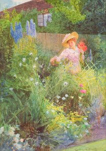 Dame plukker blomster i en landhave (akvarel på papir)