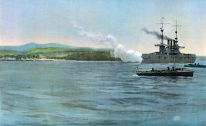 Admiral Sampsons flagskib, den amerikanske panserkrydser New York, skyder på en kystvagt af spansk kavaleri, ud for Cabanas, 29. april 1898