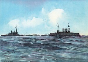 Indiana og New York flankeret og bevogtet af torpedobåde og krydsere