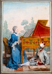 Portræt af Mademoiselle Desgots af Saint Domingue ved cembalo og hendes slave Laurent Watercolor af Louis Carrogis Carmontelle