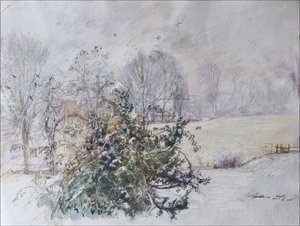 Vinter fra vores vindue, 2009 (pastel & wc på papir) af Caroline Hervey Bathurst