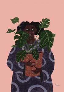 Kvinde med en monstera-plante