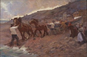 Launching the Lifeboat (olie på lærred) af Caroline St Clair Graham