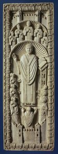 En ærkebiskop blandt sit kor, ca. 875 e.Kr. (elfenbenspanel) af Carolingian School