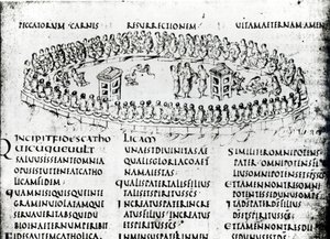Illustration af en scene fra en af salmerne, fra Utrecht Psalter, kopi af originalen fra Reims nu i Utrecht University Library (pen & blæk)