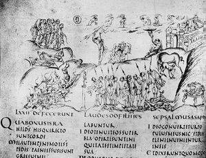 Illustration af forskellige scener fra en af salmerne, fra Utrecht Psalter, kopi af originalen fra Reims nu i Utrecht University Library (pen & blæk)