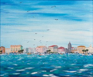Havscene med huse, 1995 (akryl på tavle) af Carolyn Hubbard Ford