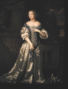 Portræt af Lady Philippa Stanton og hendes hund, der står på en terrasse ved en skulptureret frise (olie på lærred) af Caspar (studio of) Netscher